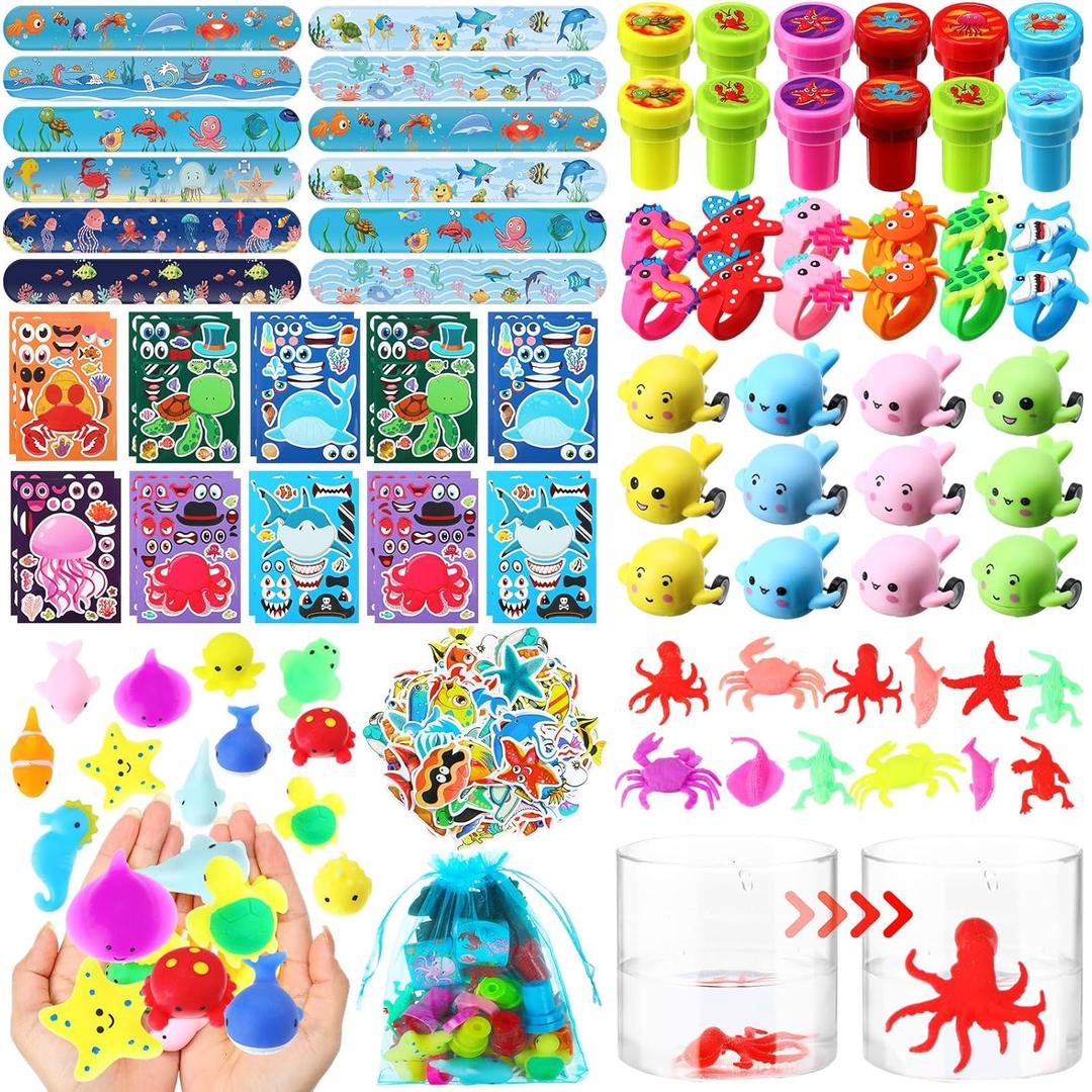 Capoda 156 Pcs Under the Sea Party Favors Ocean Themed Gifts Bulk Sea Animal Stickers Squeeze Slap Bracelet Stampers Piata Stuffers for School Classroom Prizes Birthday Goodie Bag Fillers