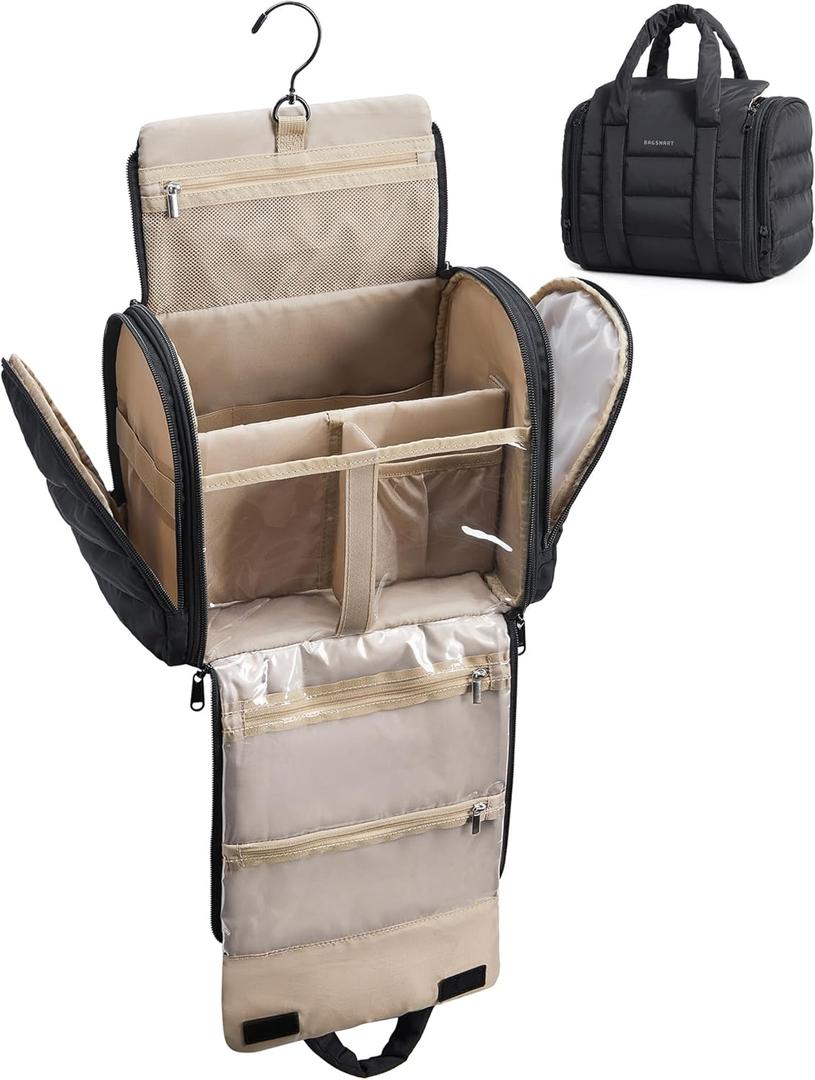 BAGSMART Travel Toiletry Bag with Removable Partition, Puffy Water-resistant Fabric Hanging Organizer for Full-Size Toiletries, Accessories, Black (Large)