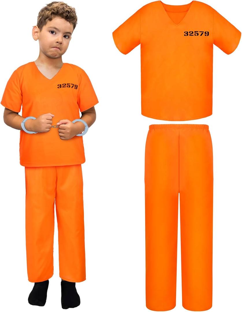 Poen Kids Prisoner Costume Halloween Set Orange Prisoner Jumpsuit with Handcuffs and ID Card for Boys Girls Children Cosplay (Large)