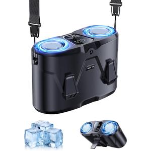 KIMMOO Dual-Motor Rechargeable Waist Fan with Ice Cooling, 25000 RPM High-Speed Neck Belt Clip-on Fan with 10 Gears, LED Display & Flashlight, Hands-Free Personal Fan for Work Outdoor Travel, Black, Small