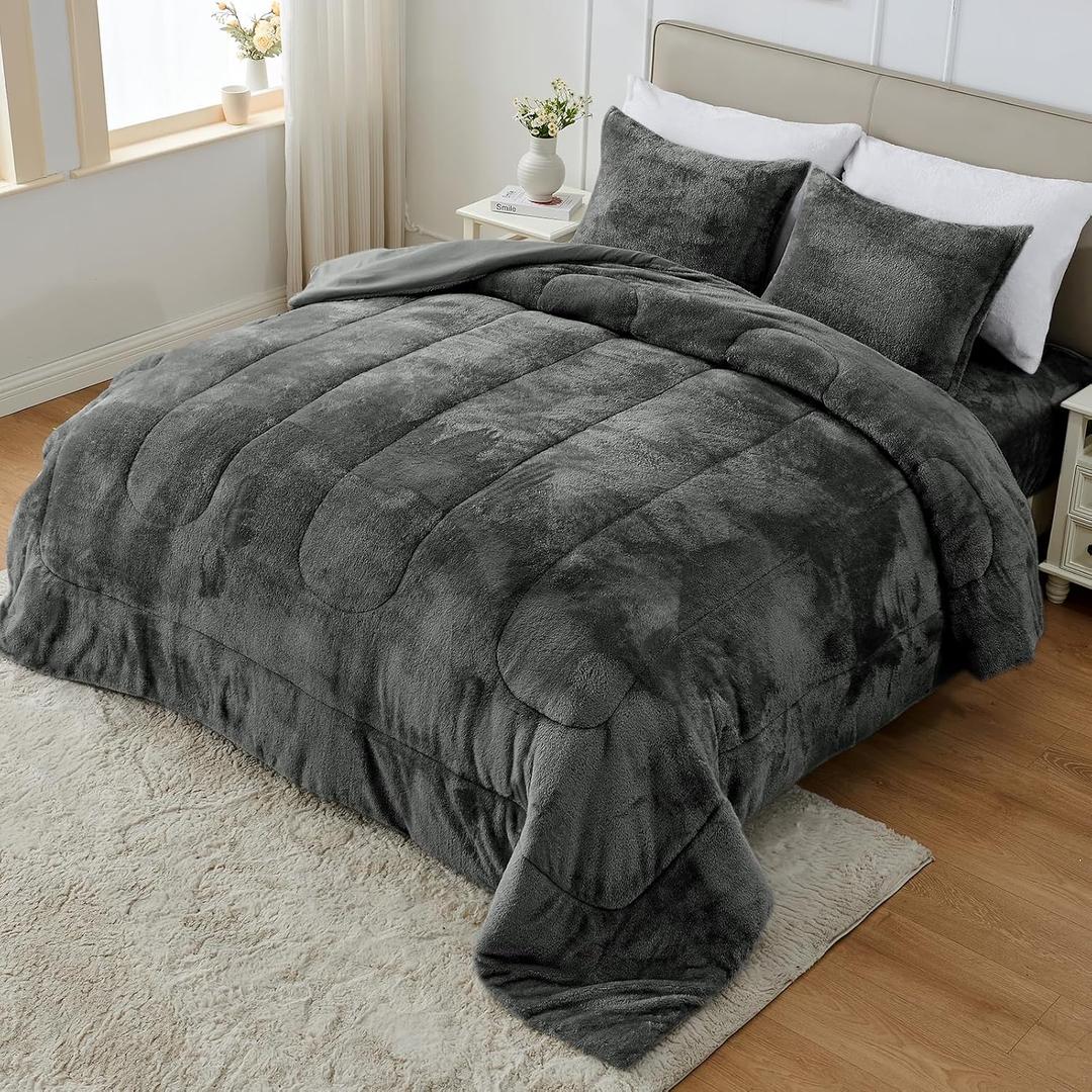 YIYEA Faux Fur Comforter Set Queen Size with Fitted Sheet, Luxury Ultra Soft Fuzzy Comforter, Fluffy Plush Velvet Bedding Comforter Sets for Fall Winter, Cozy Warmth, No Shedding, 4PC, Grey