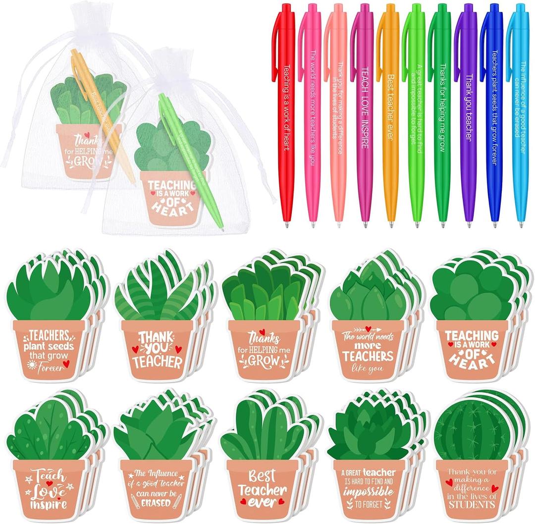Kosiz 30 Set/90 Pcs Teacher Appreciation Gifts Bulk Plant Pot Notepad Sticky Notes with Pen Organza Bag End of Year Teacher Gifts from Students Thank You Presents for Office School Classroom Supplies