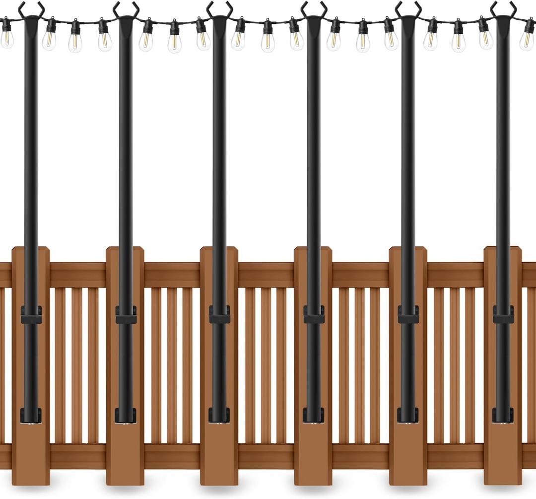 6 Pack 5 Ft String Light Poles, String Light Poles for Outside with Fixing Clips,Metal Poles for Outdoor String Lights, Hanging Light Poles for Deck Fence Garden Backyard Wall Bistro