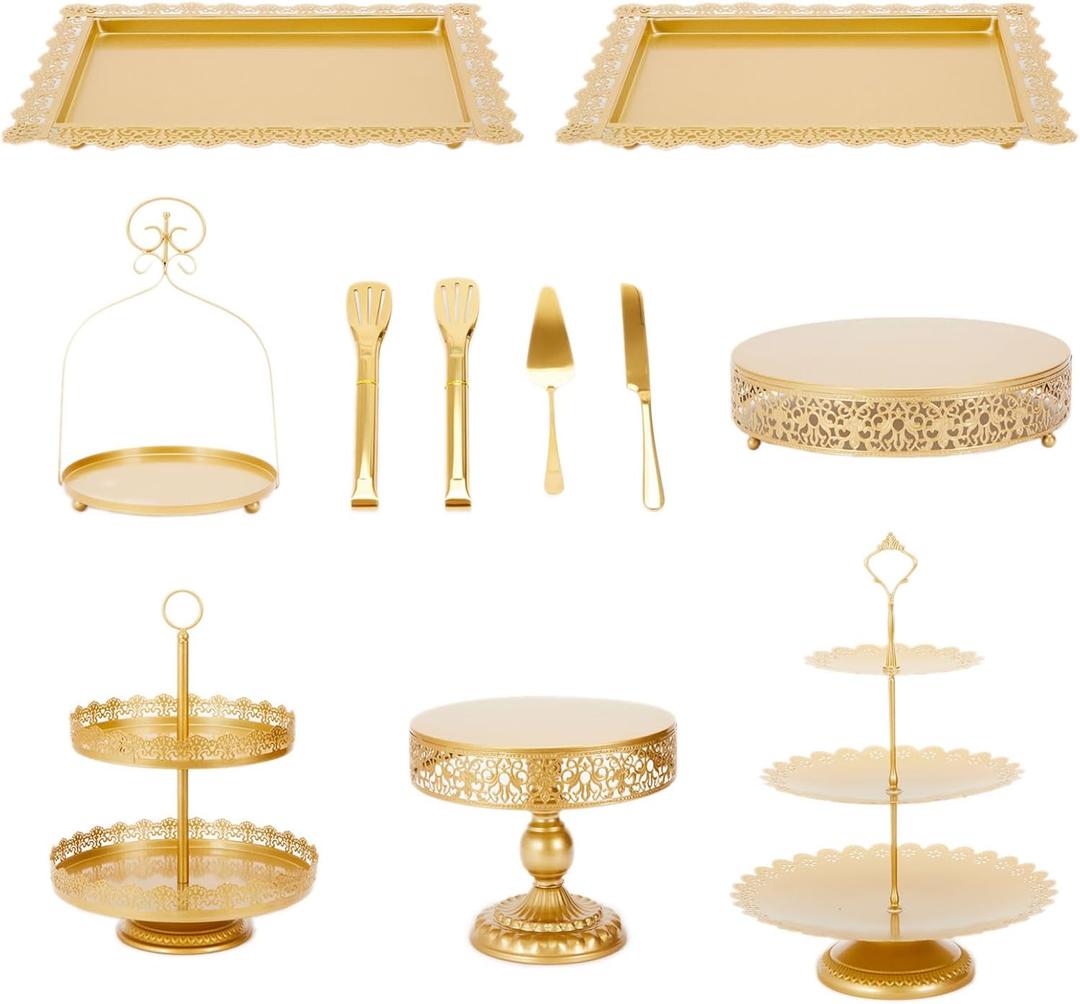 MTJYQTF Gold Cake Stand Set - 11pcs Metal Dessert Table Display Set for Party, Vintage Candy Table Display Sets for Wedding Birthday Baby Shower Housewarming Party Farewell Party CS004