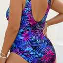 Aqua Eve Women Plus Size One Piece Swimsuits Tummy Control Bathing Suits V Neck Ruched Swimwear Blue Purple Tropical Leaves 18W