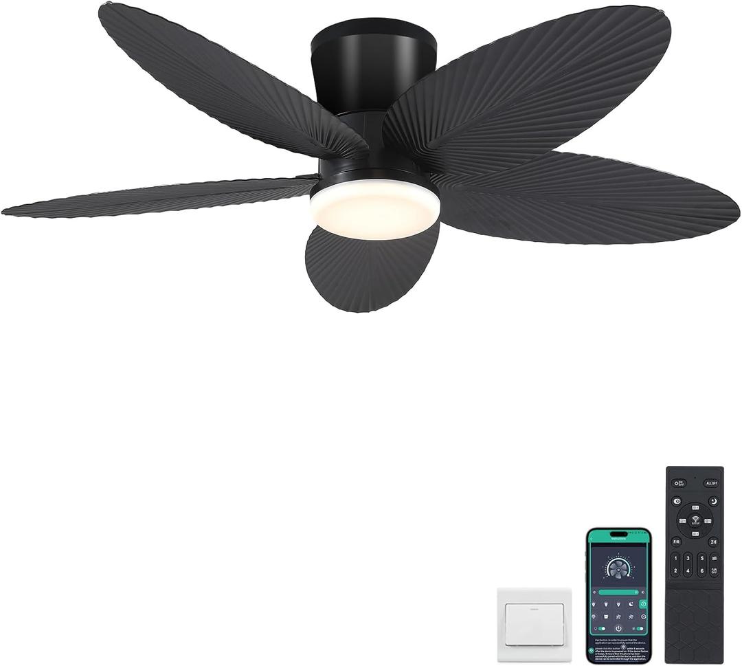 Surtime Palm Leaf Ceiling Fans with Lights-42 Tropical Ceiling Fan with Light and Remote/APP Control,Flush Mount Low Profile Black Ceiling Fans for Bedroom,Indoor/Outdoor Patio Use