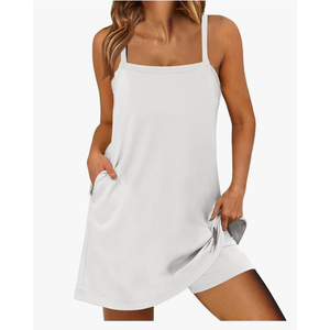 ANRABESS Womens Athletic Dress 2025 Trendy Summer Casual Loose Workout Travel T-Shirt Mini Romper Dress Built in Shorts S White
