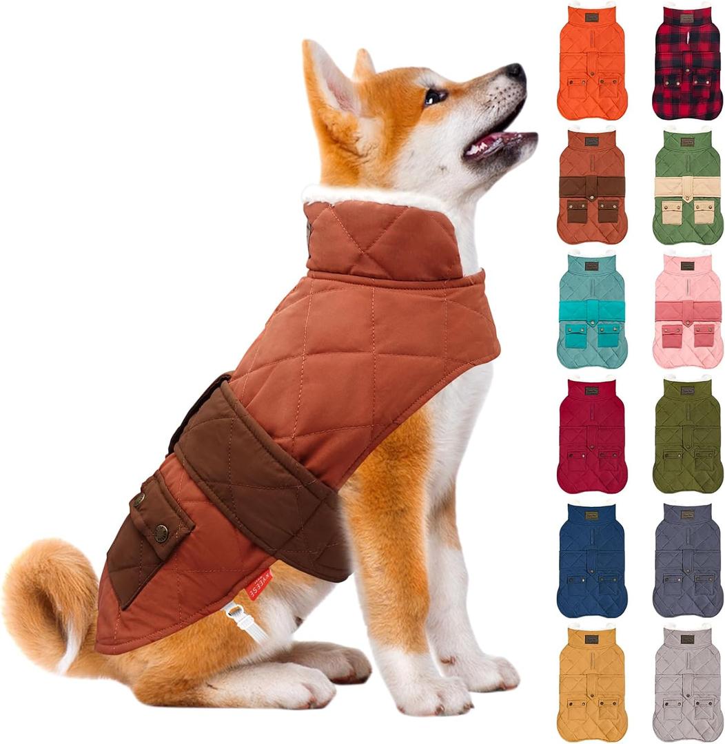 KYEESE Dog Coat Thick Cat Clothes with Pocket Warm Pet Winter Puffer Coat with Leash Hole Soft Pet Sweater for Cold Weather Waterproof Dogs Jacket with Fleece Lined Windproof Dog Coats for Small Dogs (Brown)