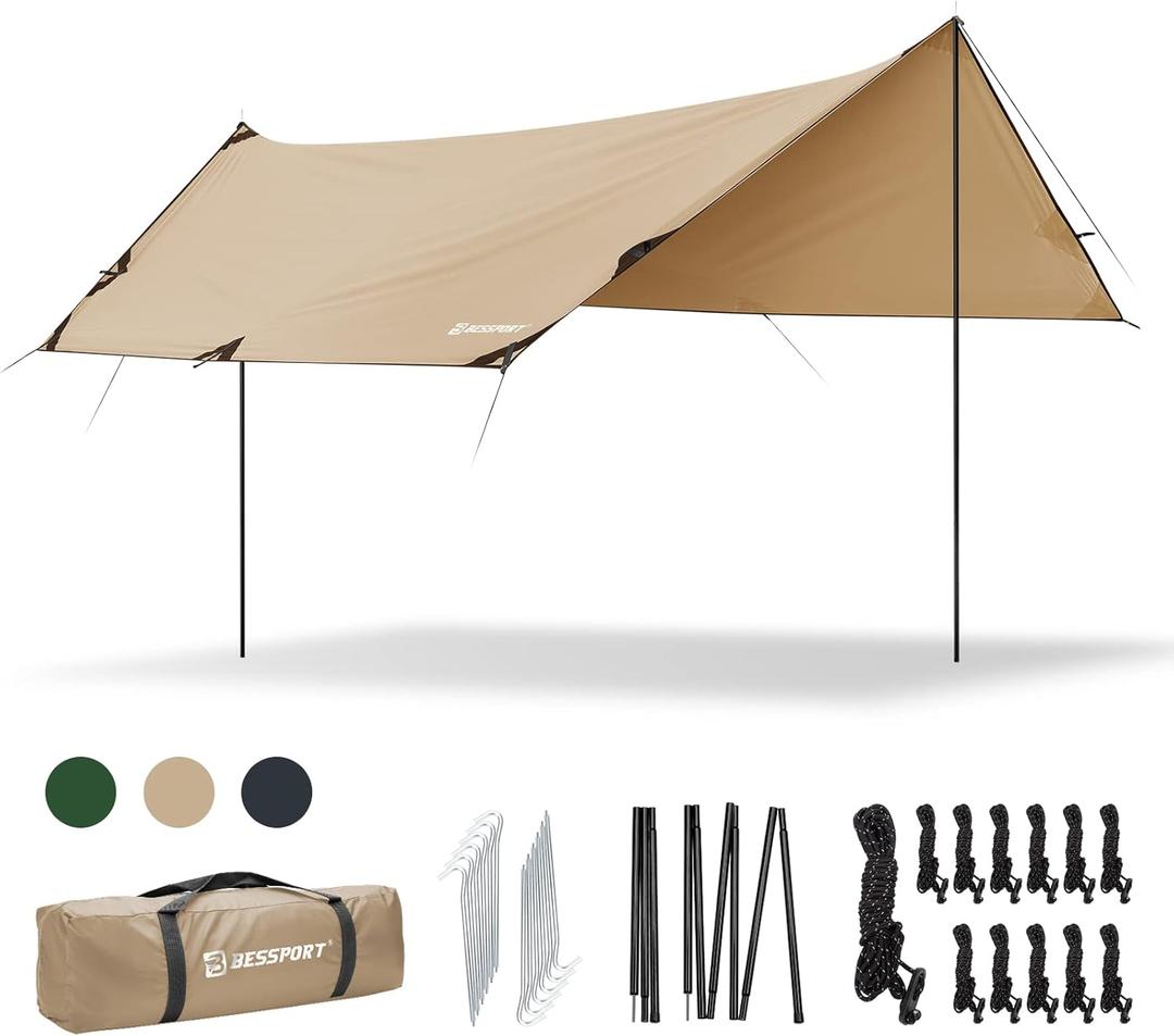 Bessport Camping Tarp, 169.8FT with 2 Poles, Portable Multifunctional Backpacking, PU 3000mm Waterproof Rain Fly Hammock Tarp for Outdoor,Traveling, Hilking (Khaki)