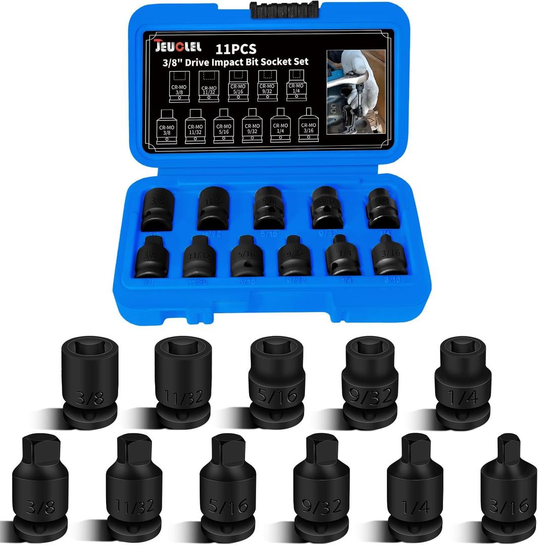 11PCS 3/8" Drive Impact Bits Sockets Set, Tapered Male Square Drive, Chamfered Female Square Drive