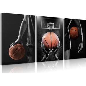 Basketball Posters Canvas Wall Art Set of 3 - Black and White Sports Decor for Mens Teen Boys Room Bedroom Dormitory Office Wall Decor (12x16 Inches) Wrapped Canvas