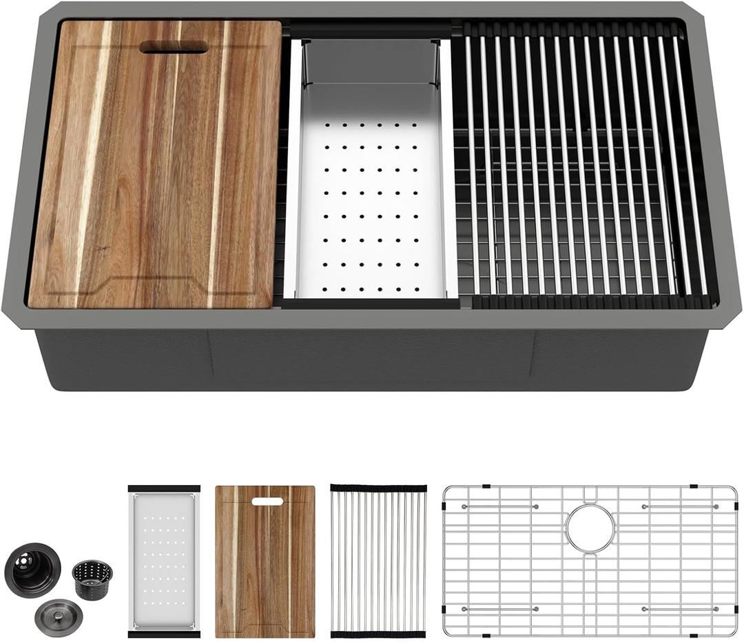 Kichae 33 Black Kitchen Sink Undermount - 33x19 Undermount Kitchen Sink Ledge Workstation 16Gauge Stainless Steel Gunmetal Black Deep Handmade Single Bowl Basin Round Corner