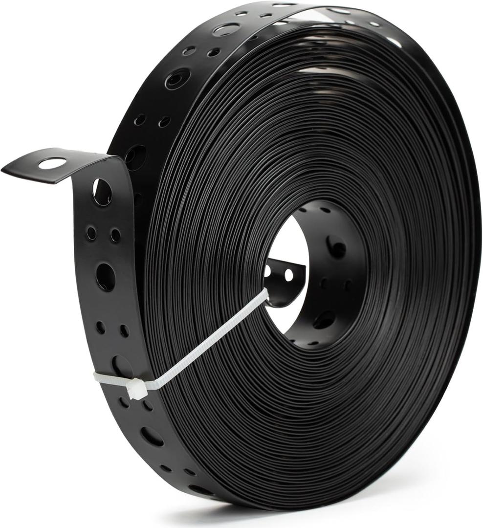 Metal Strap 1-Inch x 50FT 0.6mm Thickness Metal Strapping with Holes Galvanized Pipe Hanger Strap DIY Cutting and Installation for Pipe Support (Black)