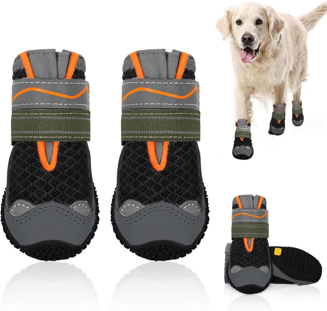 SlowTon Dog Shoes for Large Small Medium Dogs - Breathable Dog Boots for Summer Hot Pavement, Paw Protector for Outdoor Walking Winter Snow, Anti-Slip Rubber Dog Booties for Hard Floor (Black Orange, 7)