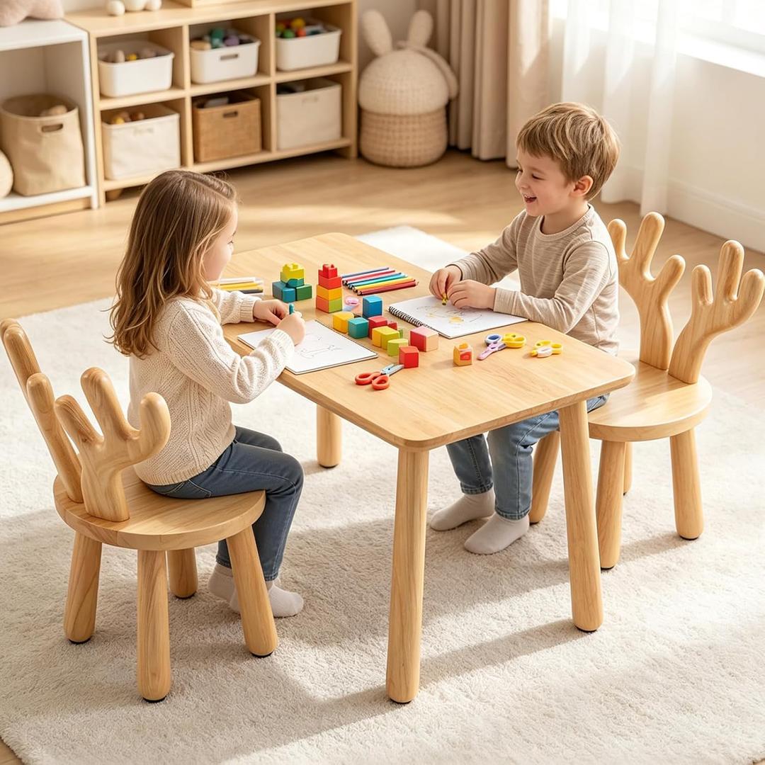 Wooden Toddler Table and Chair(2) Set for Kid, Activity Table Furniture 3-8, Rectangle Table with Antler Chairs