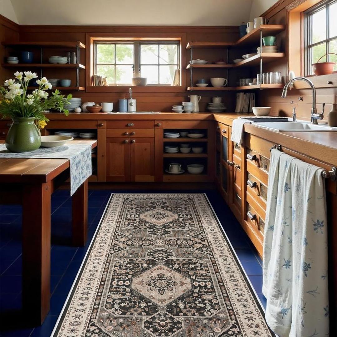 RUUGME 4x10 Washable Runner Rug - Vintage Hallway Rugs with Non Slip Backing Soft Kitchen Stain Resistant Living Room Bedroom Carpets Indoor Soft Floor Decoration Mat for Bathroom (4x10, Black)