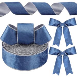 Yungyan Velvet Ribbons with Gold Edge Felt Ribbon Gift Bow Wrapping Ribbon for Handmade, Home Decor, Gift Wrapping, Wreath DIY Crafts, Christmas Tree(2.5 Inch X 35 Yards,Light Blue, Silver)