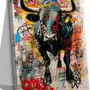 Bull Street Graffiti Canvas Wall Art Picture Animal Poster Print Modern Men Graffiti Painting Interesting Wall Decor Home Decoration for Living Room Bedroom Office 16x24in Framed