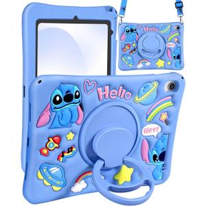 for iPad 11th A16 Case 11 inch - for iPad 10th Gen 10.9 inch Soft Silicone Cute Cartoon Tablet Case with Rotating Stand & Detachable Shoulder Strap, Shockproof for Kids Boys Girls, Blue