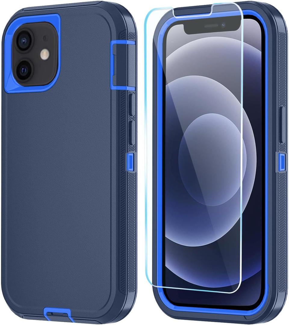 Phone Case for iPhone 12/13 Mini with HD Screen Protector, Heavy Duty Shockproof & Dropproof 3-Layer Cover (DarkBlue)