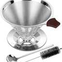 Pour Over Coffee Dripper, LOOFORE Stainless Steel Coffee Filter 1-4 Cup, Metal Cone Filter Paperless Reusable Coffee Filter, Double Mesh Design with Spoon and Cleaning Brush