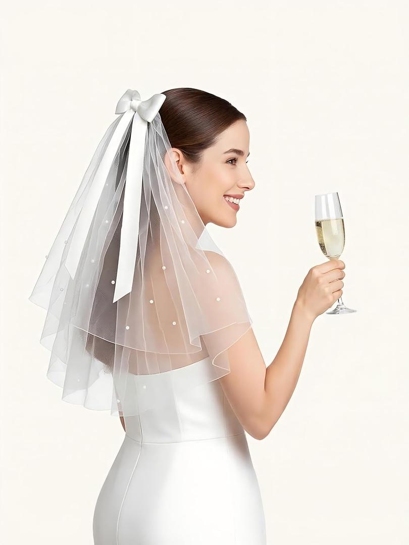 Bride Veil for Bachelorette Party: Short White 24 Inch Bachelorette Veil with Bow & Pearls - Lightweight Tulle Comb Hold - Bridal Shower Gift for Bride-to-Be