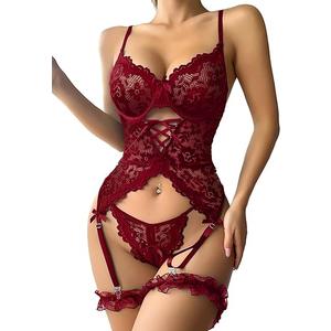 Lilosy Sexy Criss Cross Corset Underwire Floral Lace Sheer Garter Belt Lingerie Set 2 Piece (Medium, Burgundy Red)