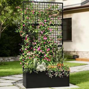 Privacy Planters for Patio Metal Raised Garden Bed with Trellis and Privacy Screen, 71" x 35" x 16" Planter Box with Drainage Holes for Climbing Plants, Vegetables, and Vines, Outdoor Backyard Black