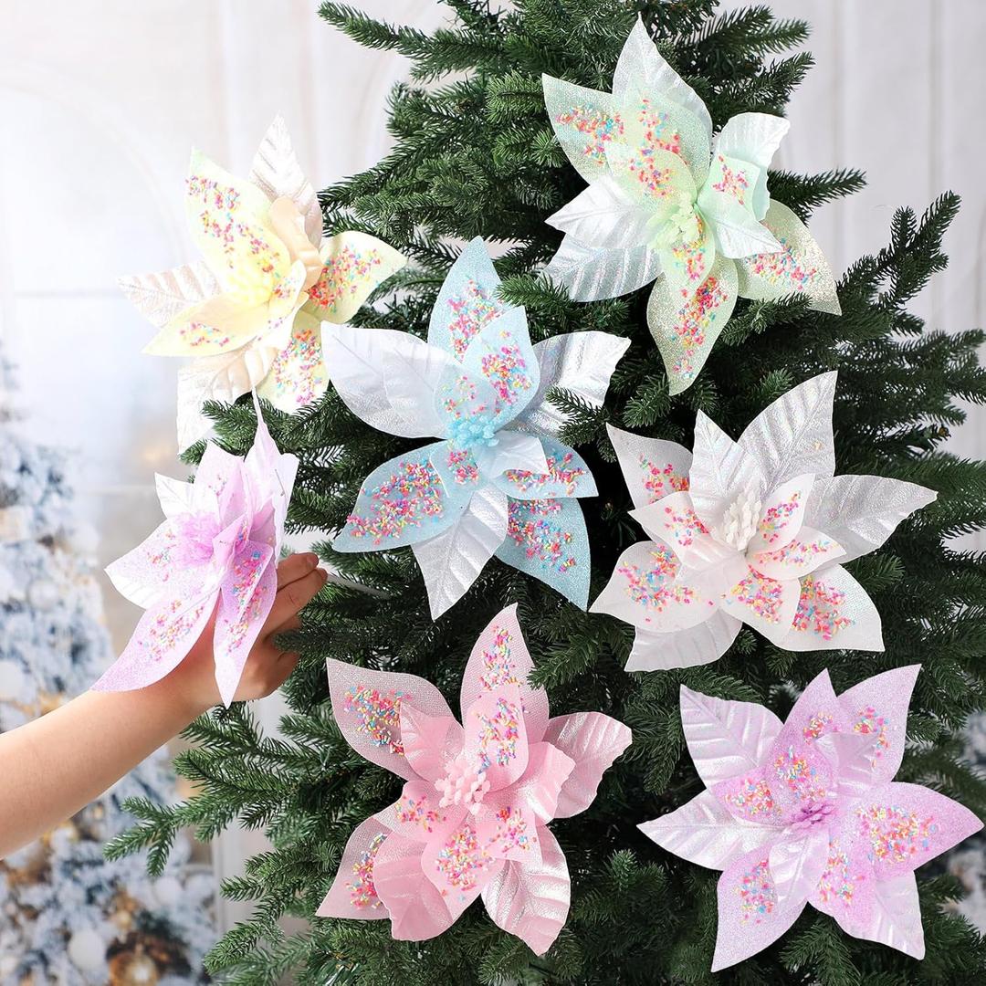 Soulchen 12 Pcs Pastel Christmas Poinsettia Flowers with Stems 9.8'' Artificial Pastel Poinsettia Candy Christmas Tree Ornaments Tree Topper Macaroon Flower for DIY Xmas Wreath Holiday Party Decor