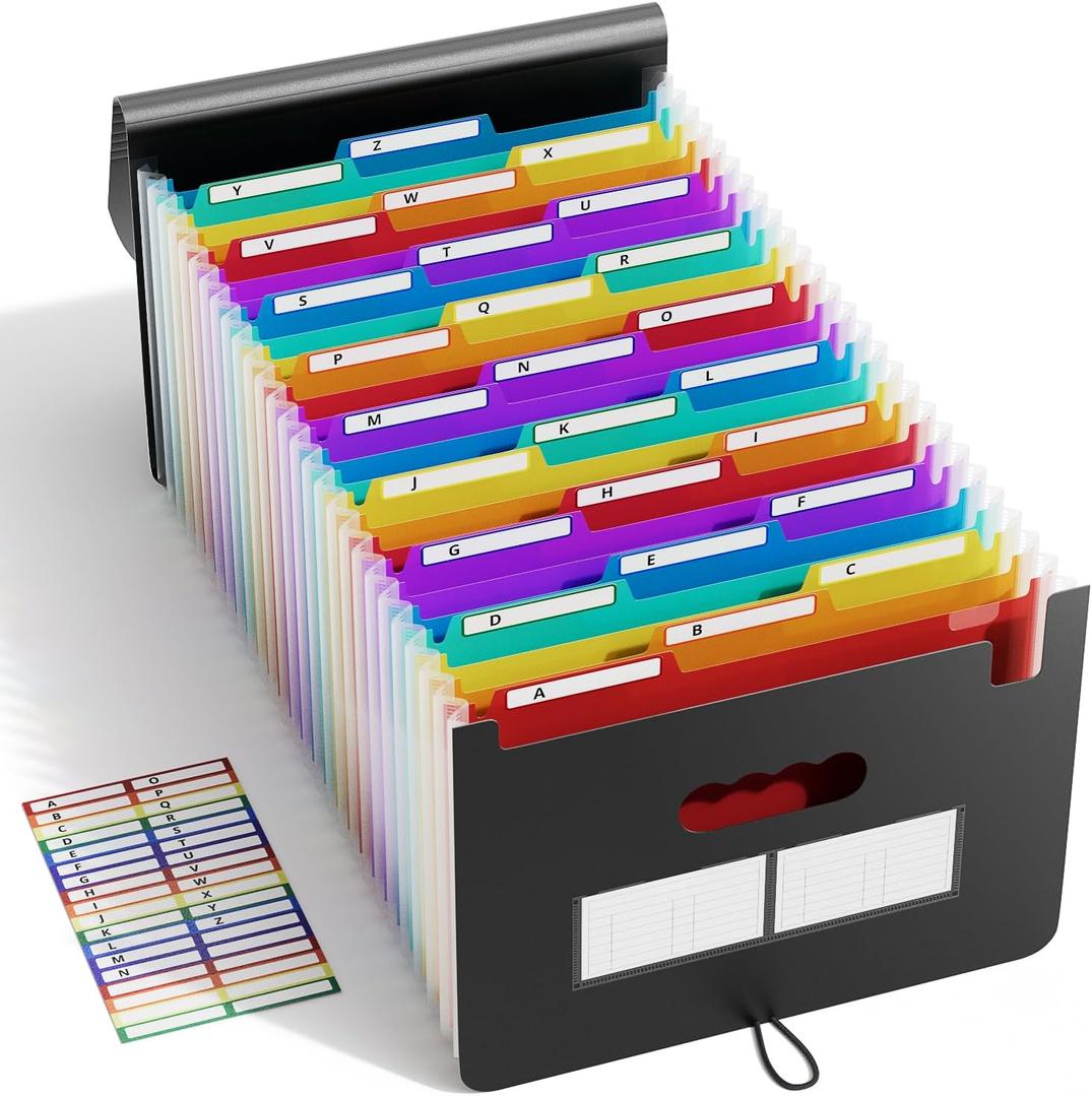 ABC life 26-Pocket Expanding File Folder, Large Capacity Document Organizer with 1/3 Cut Tabs, Letter Size Accordion File Organizer for Tax, Bills, and Receipts - Black