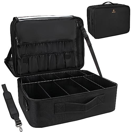 Relavel Extra Large Makeup Case with Plastic Dividers Washable and Easy to Clean, Travel Makeup Train Case Professional Makeup Artist Bag Portable Nail Organizer Box Art Supply Case (Black)