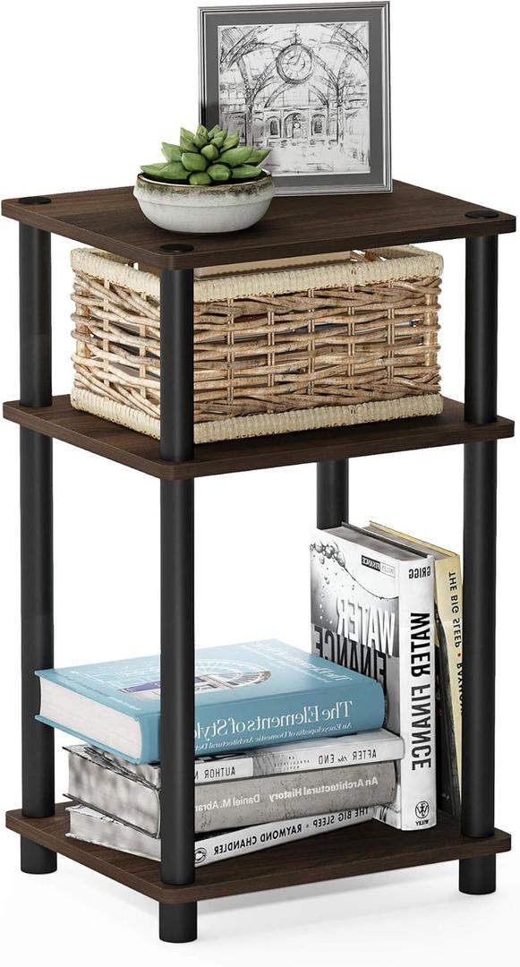 Furinno JUST Side Table, 3-Tier End Table, Open Shelves Night Stand, Bedside Table, Toolless Assembly, for Living Room, Bedroom, Bathroom, Columbia Walnut