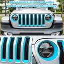 Front Grille Mesh Inserts & Headlight Cover for Jeep Wrangler JL JLU Sport & Sport S Only 2018-2023 Exterior Accessories Clip-in Grille Guard Cover Headlight Bezels Trim Ring (Light Blue 9PCS)