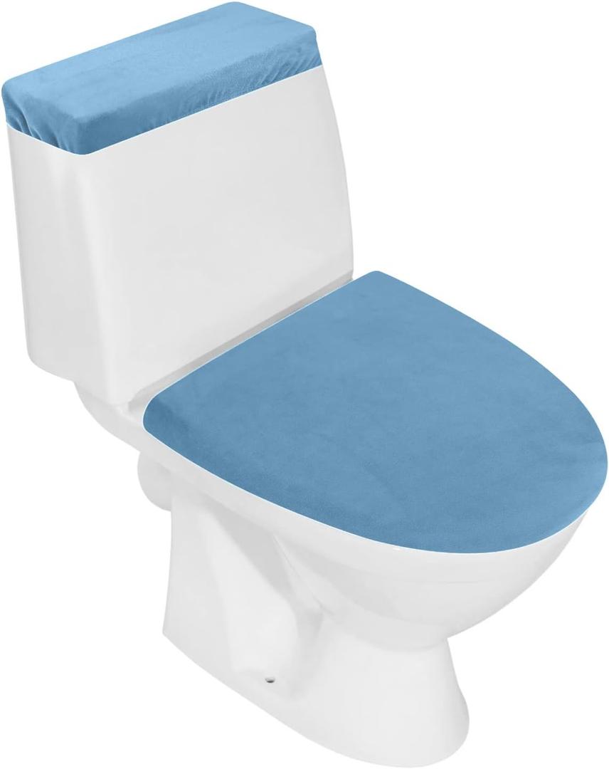 Stretch Velvet Toilet Lid Cover and Toilet Tank Lid Cover, Bathroom Super Soft Toilet Lid Cover Set Luxury Velvet Plush, with Elastic Bottom, Machine Wash, Sky Blue