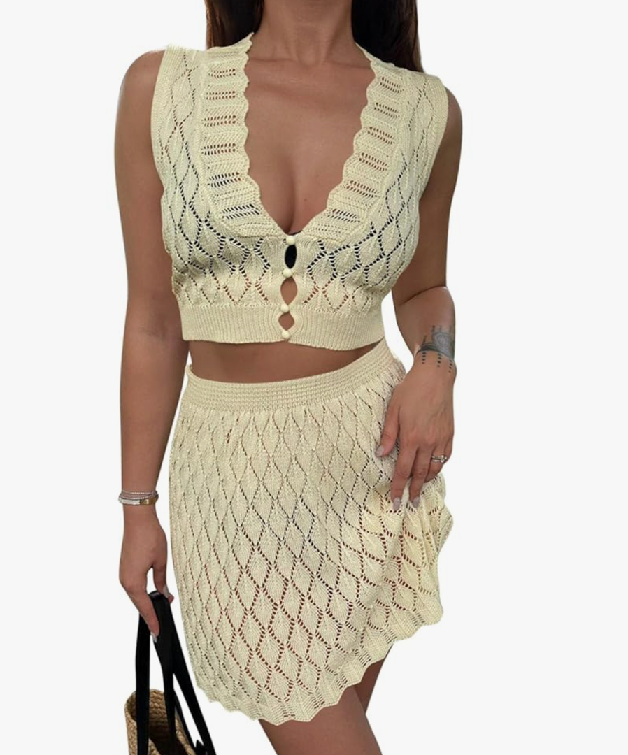 Saodimallsu Womens Two Piece Crochet Swimsuit Cover Ups Sleeveless V Neck Crop Tops Skirt Sets Beach Vacation Outfits L