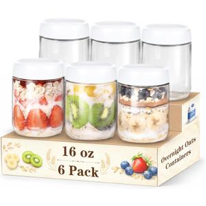 6-Pack Glass Storage Containers with Lids, Overnight Oats Containers with Lids, Wide Mouth Mason Jars 16oz, Glass Jar with Airtight Lid for Yogurt, Chia, Suger, Snack, Oats, Food Storage (White)