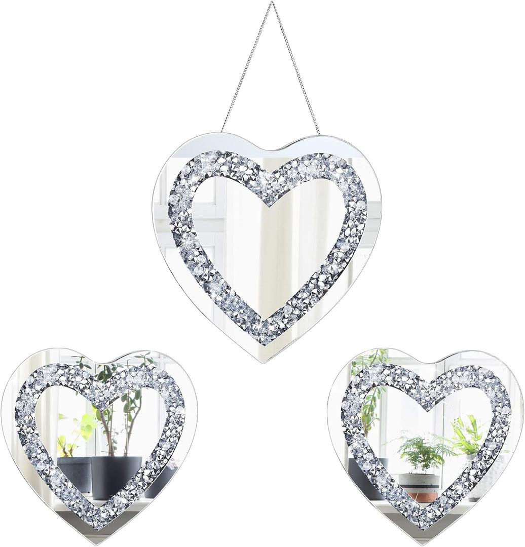Qunclay 3 Pcs Crystal Crush Diamond Silver Mirror, 12 and 8 Inches Modern Shaped Wall Hang Decorations Glass Diamond Mirror for Bathroom Living Room (Heart Shape)