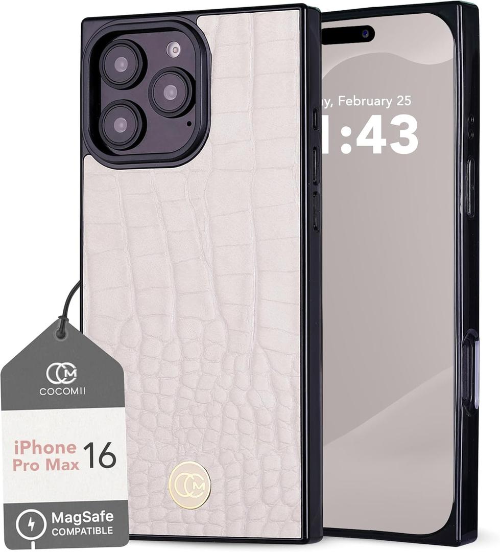COCOMII Rectangle Case for iPhone 16 Pro Max, Compatible with MagSafe, Ivory Crocodile Leather