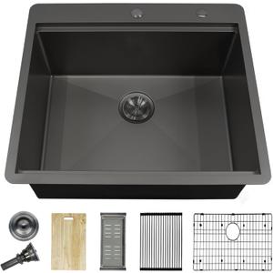 25 Inch Fine Grain Embossed Designed Gunmetal Black Topmount Kitchen Sink, 18/8 Stainless Steel Single Bowl Kitchen Sinks with Deep Basin, Drop in Kitchen Sink Set with Premium Accessories Included