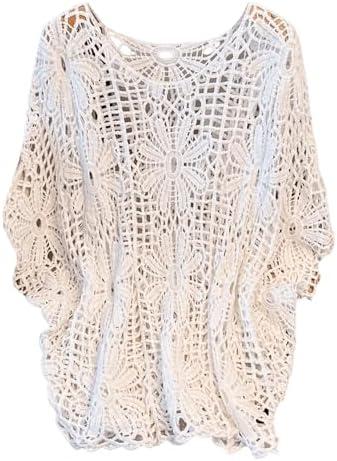 MakeMeChic Women's Plus Size Crochet Boho Tops Summer Vacation Beach Cover Ups Sweater, 3XL