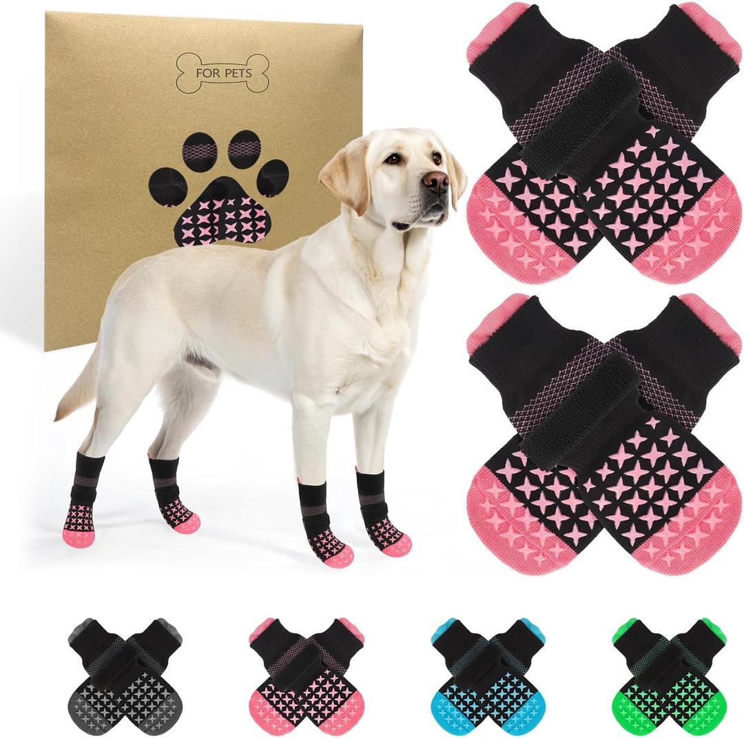 SCENEREAL Anti Slip Dog Socks to Prevent Licking Paws, Dog Booties & Paw Protectors for Hot Pavement Hardwood Floors, Traction Control for Small Medium Large Senior Dogs, Pink XL (XL(Paw Width 3.5"))