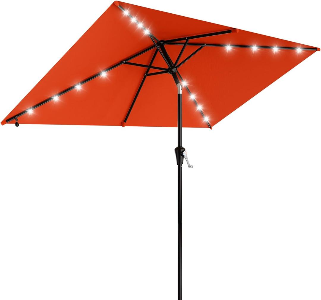 AreShark 6.5' x 10' Rectangular Patio Umbrella with Solar Lights, Solar Powered Lighted Market Umbrella w/Tilt and Crank, Outdoor Table Umbrella for Garden, Deck, Backyard, Pool and Beach, Orange