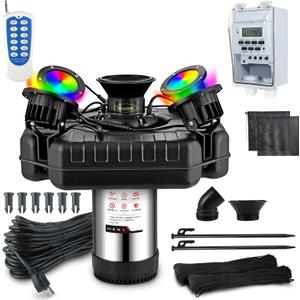 Goldlife Pond Fountain Aerator, F3 With 4 RGB Lights, 1HP 750W 110V Stainless Steel Floating Fountain With 100FT Power Cord Black Octagon Aerating Fountain Pump for Small Large Pond Lake Pool FishFarm