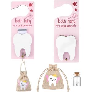 DoubleFill Tooth Fairy Gift Holder Bag Door Hanger Tooth Fairy Kit Stores Lost Teeth Keepsake Box Easter Gift World Oral Health Day Gifts for Lost Teeth Boy Girl(Classic,Pink Brown)