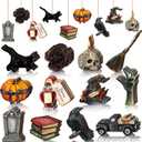 Maitys 36 Pcs Halloween Wood Ornaments for Tree Gothic Halloween Decorations Skull Black Cat Pumpkin Hanging Signs Witch Hats Finger Crow Wood Cutouts with Ropes for Home Small Tree Party Indoor Decor