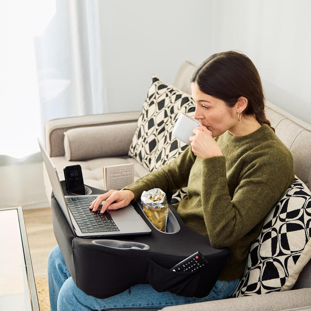 Lap Desk Pillow - Cushioned Lap Pillow for Reading, Gaming, Work & Travel, Soft & Portable Laptop Desk for Bed, Couch, or Car, Ergonomic Support for Laptops & Tablets (Black)