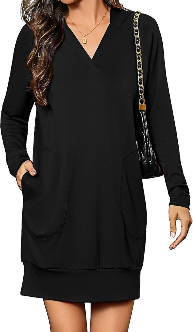 Totatuit Women Oversized Hoodies Dress Casual Long Sleeve V-Neck Hooded Sweatshirt Dress with Pockets 2025 Fall Outfits (Small, Black)