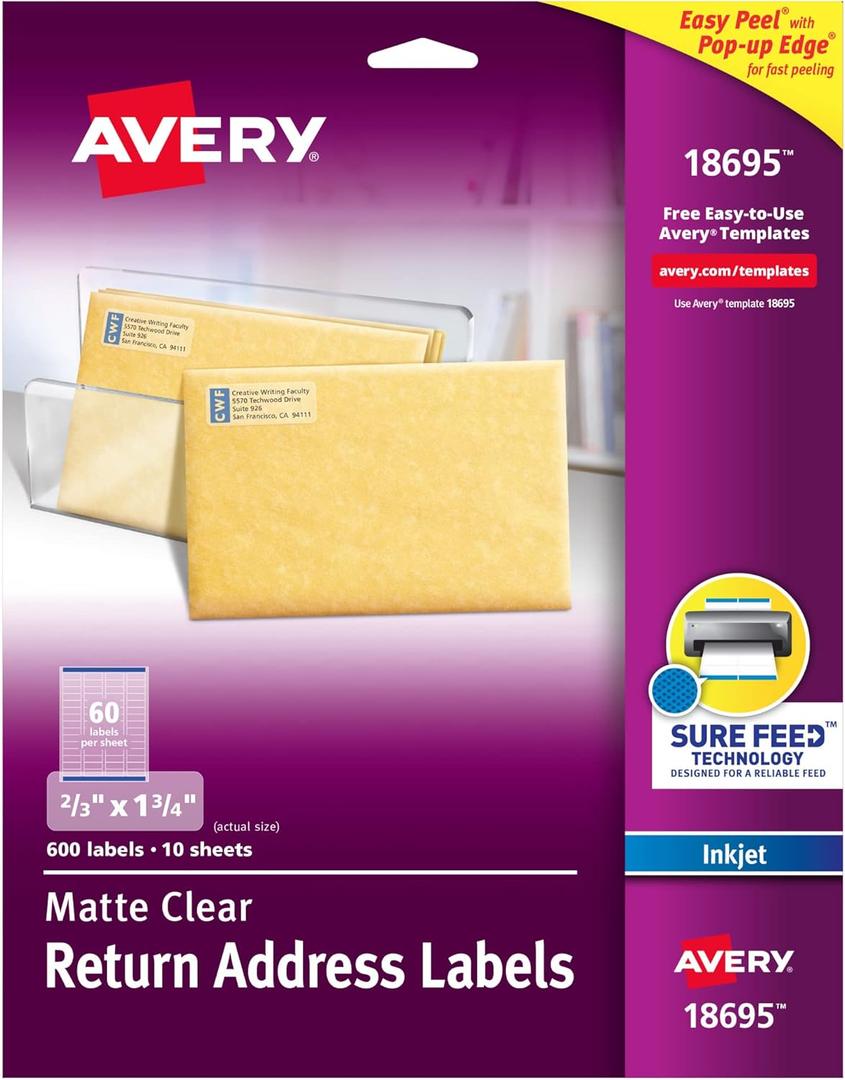 Avery Printable Return Address Labels with Sure Feed, 2/3" x 1-3/4", Matte Clear, 600 Blank Mailing Labels (18695)