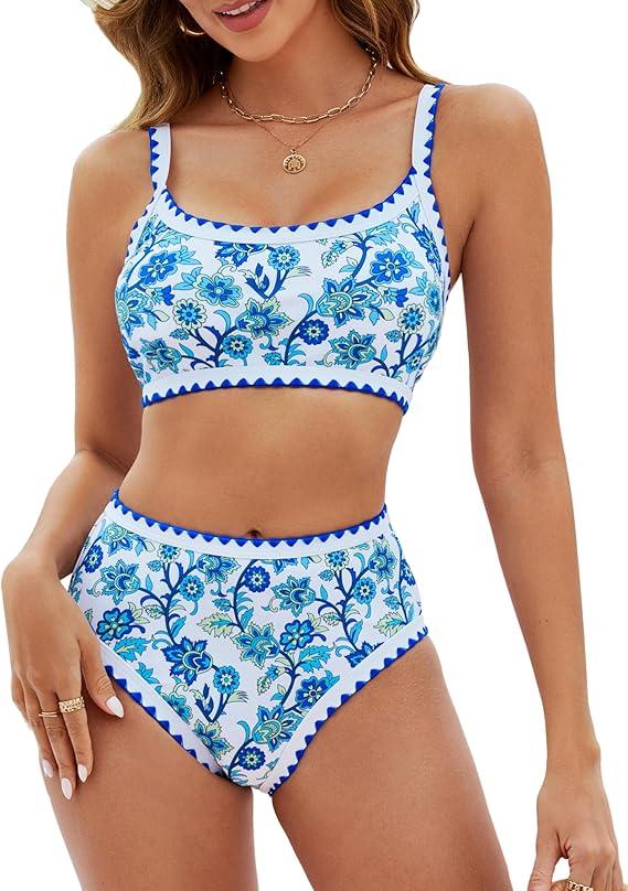 MELYUM High Waisted Bikini Sets for Women 2 Piece Tummy Control Swimsuit Floral Full Coverage Bathing Suit Teens Girls, S 