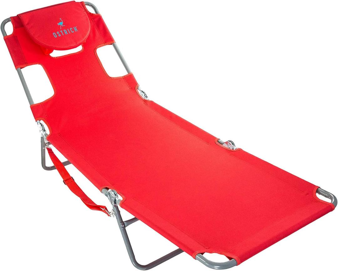Ostrich Beach Lounge Chair, Folding & Reclining Outdoor Chaise Lounger, Red - Portable Adjustable Recliner Chair for Lawn, Pool, Patio, Garden, and Yard